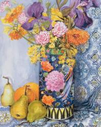 Iris and Pinks in a Japanese Vase with Pears (w/c on paper) | Obraz na stenu