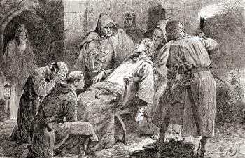 A scene from William Shakespeare's play 'King John', Act V, Scene 7, King John: "Poison'd, ill fare, dead, forsook, cast off", from 'The Works of William Shakespeare', published 1896 (engraving) | Obraz na stenu