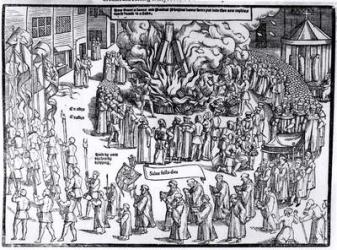 The Burning of the Remains of Martin Bucer (1491-1551) and Paul Fagius (1504-49) on Market Hill in Cambridge in 1557, from 'Acts and Monuments' by John Foxe (1516-87) 1563 (woodcut) | Obraz na stenu